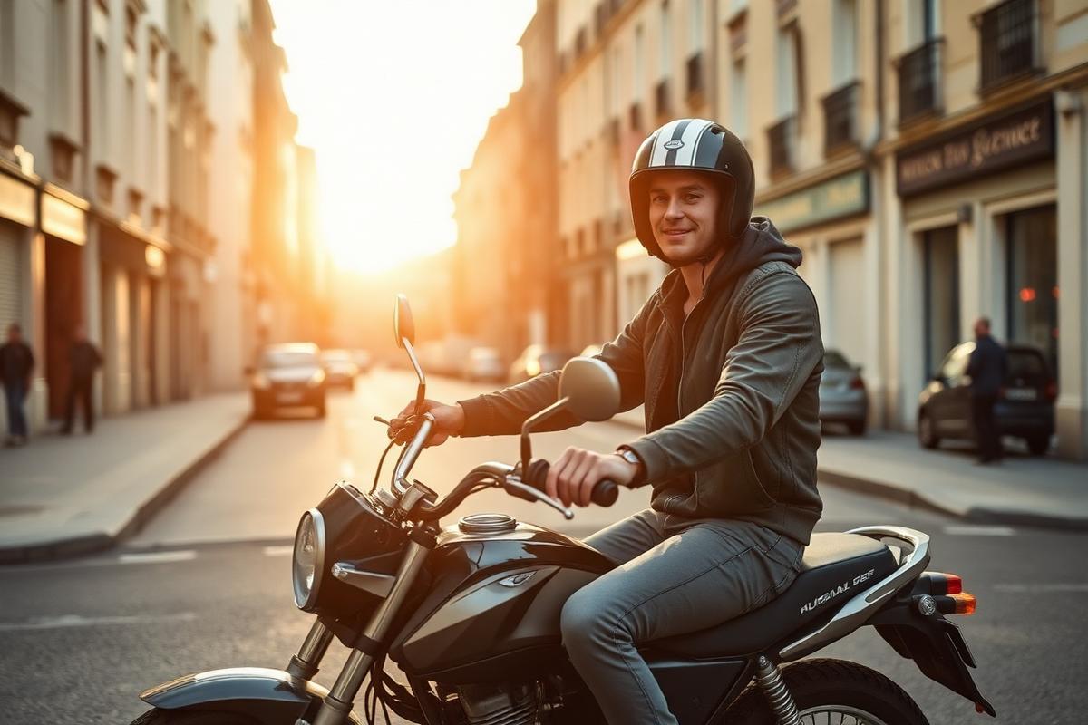 Jeune conducteur au guidon d'une moto de 125 cm³ en centre-ville