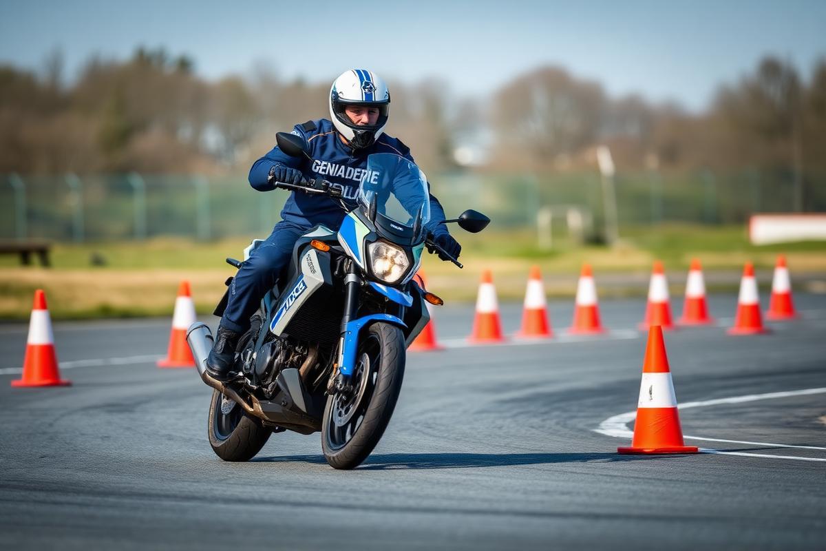 Motard de la gendarmerie française sur piste de maniabilité pendant sa formation