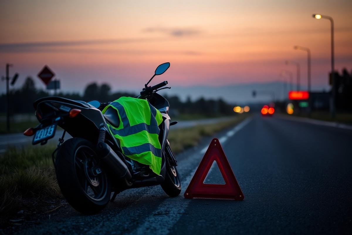 Moto en panne sur le bord d'une route, gilet fluo et triangle de signalisation