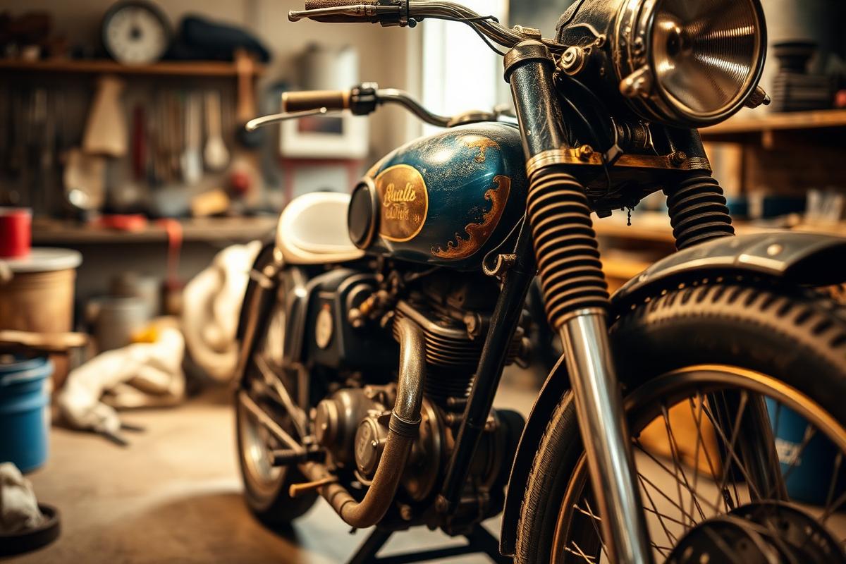 Moto ancienne en cours de restauration dans un atelier