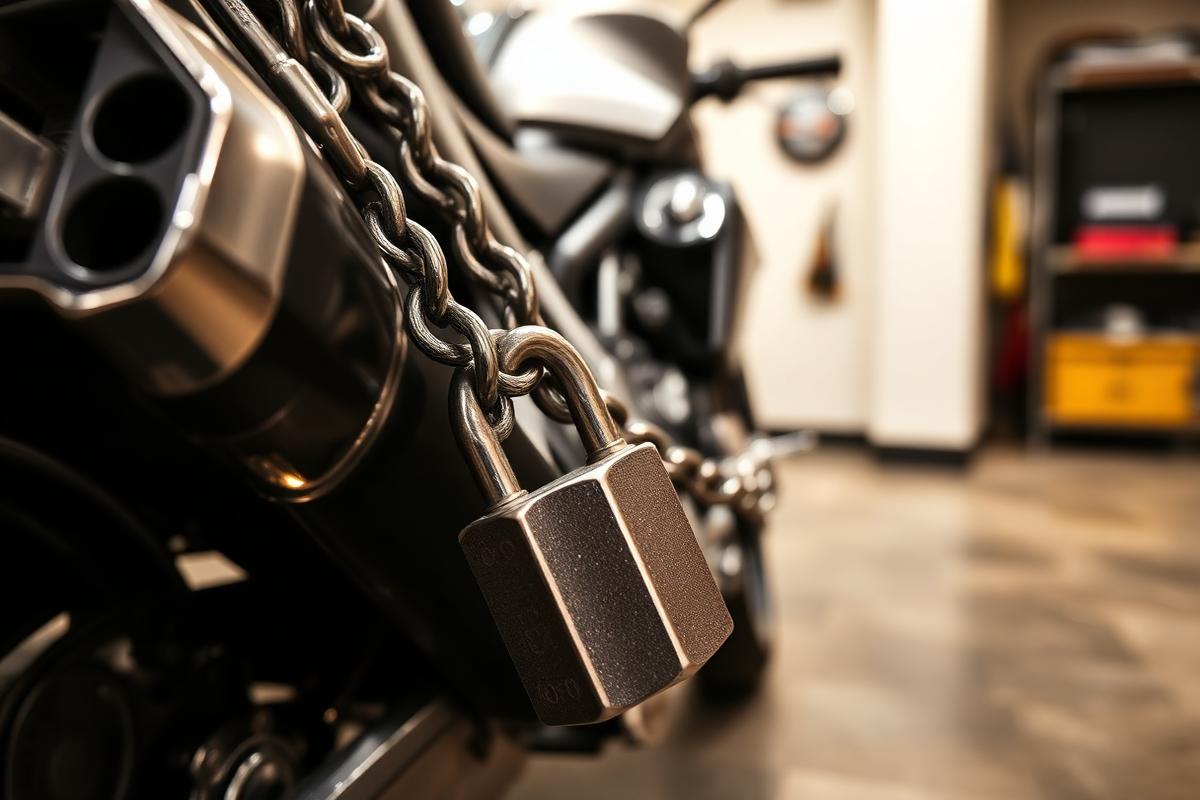 Antivol chaîne verrouillant une moto stationnée en Polynésie française